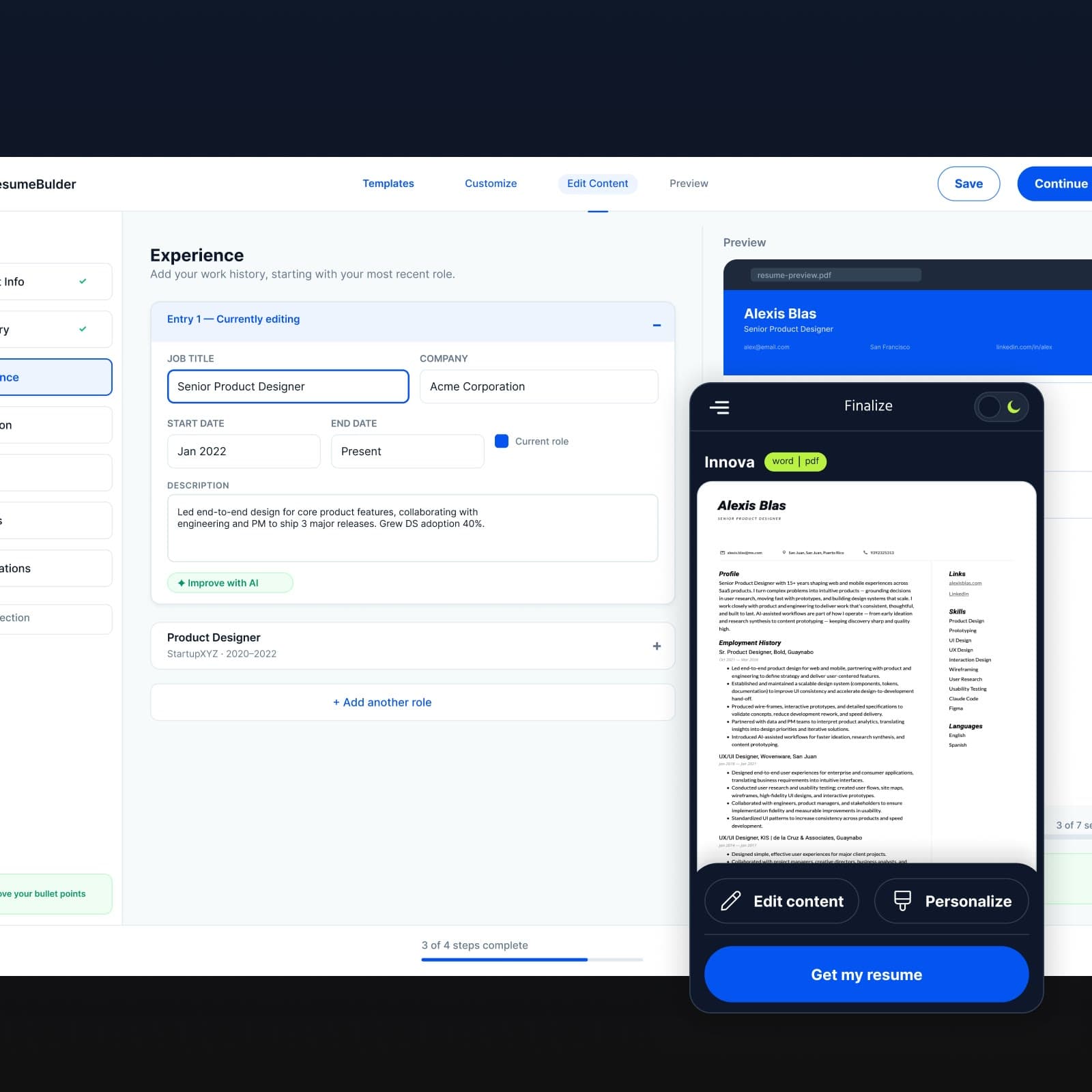 A résumé builder's editor on desktop, with the dark-mode mobile résumé preview in front, built from the shared system.