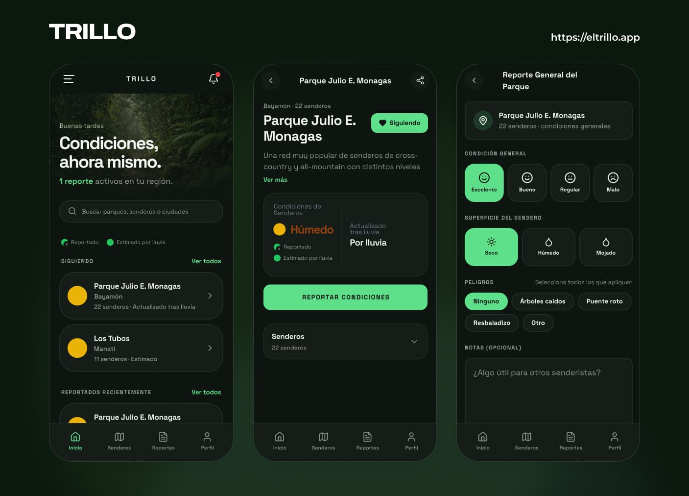 El Trillo mobile app screens.
