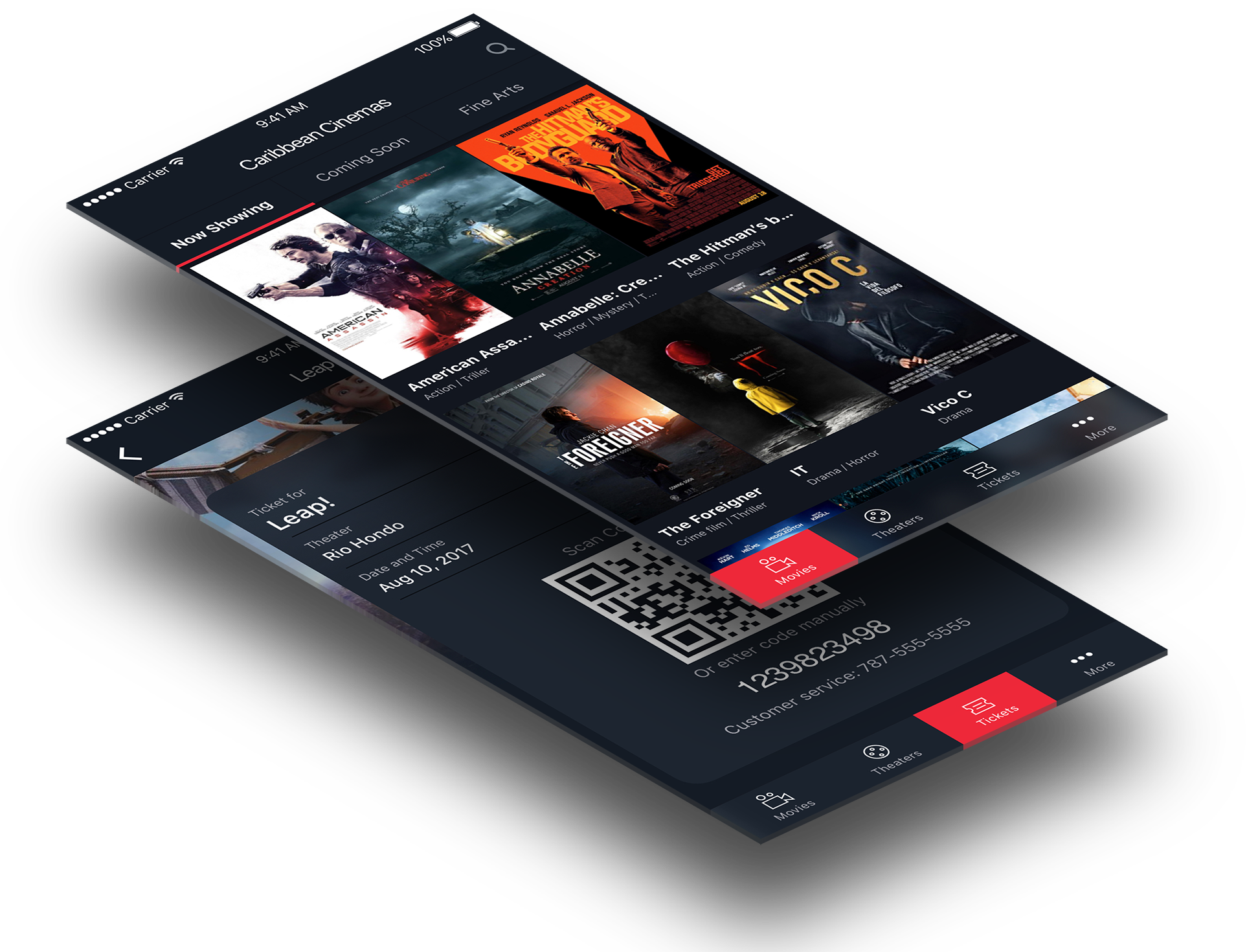 A perspective view of the app showing the app front page and a subpage.